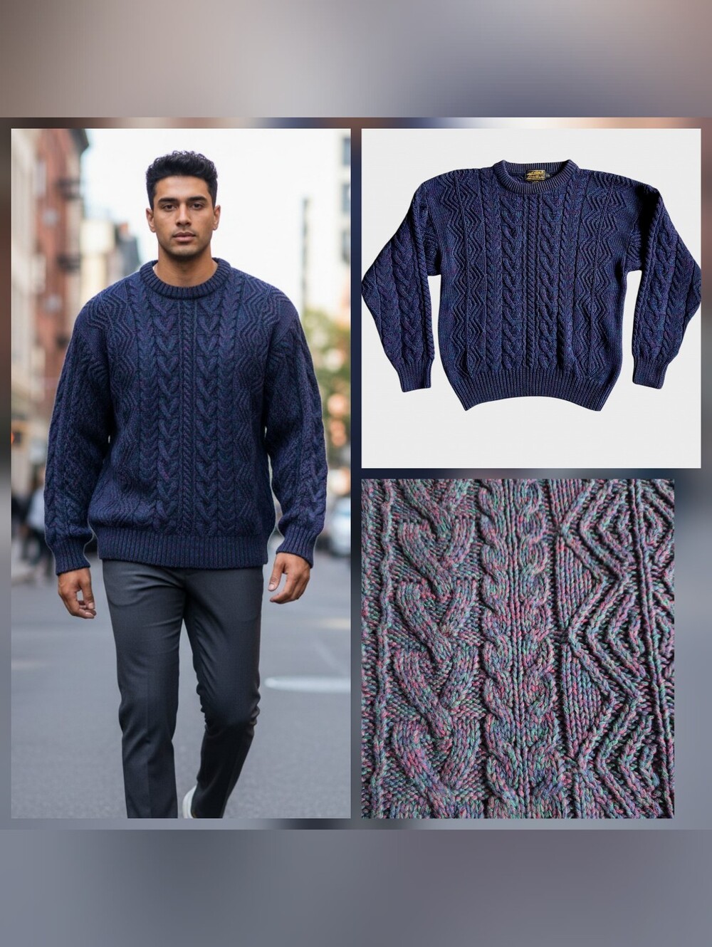 VTG 80s Eddie Bauer Sweater Navy Blue Multicolor Chunky Cable Knit L Fisherman
